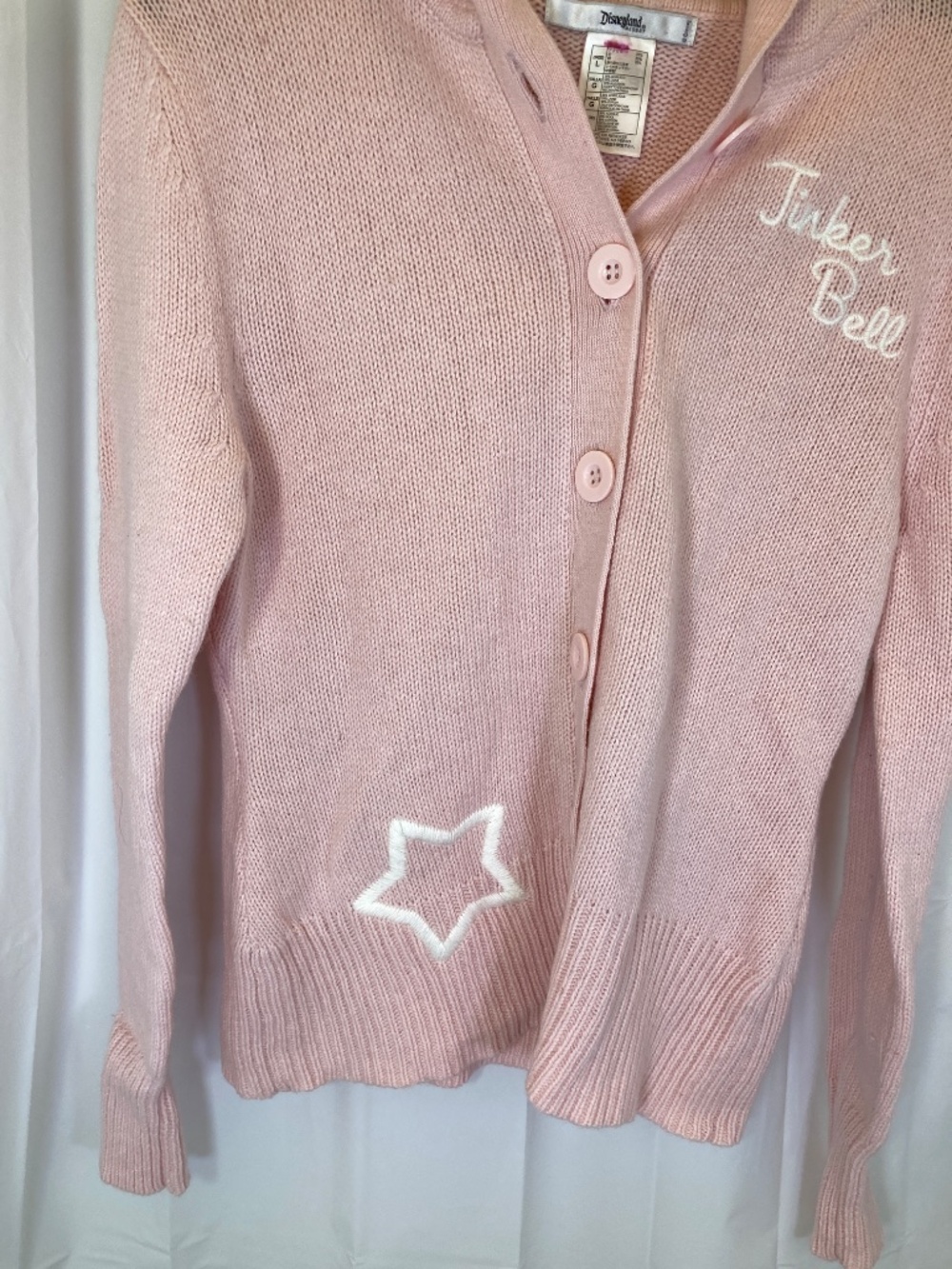 Disney Tinkerbell Pink Cardigan Sweater Sz L Hood Embroidered Accents - Picture 7 of 14